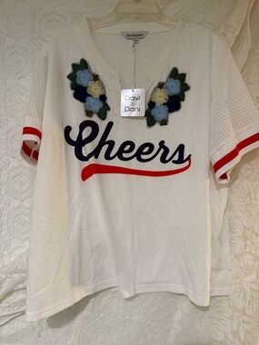 DAVI & DANI White 'Cheers' Tee with Navy Script and Red Accents